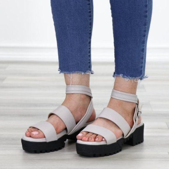 Gray Strappy Chunky Heel Sandal Faux Leather - Picture 6 of 11